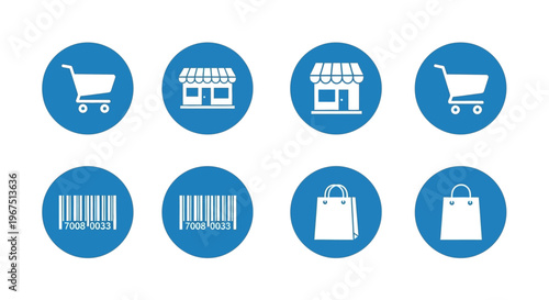 Online Retail and Consumer Shopping Icons with Storefront, Shopping Cart, Barcode, and Shopping Bags in Bright Studio