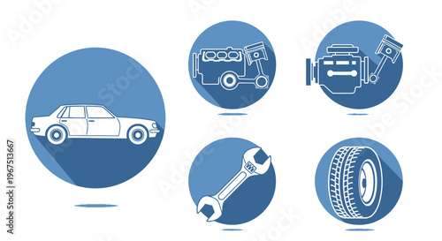 Automotive and Car Repair Icon Set with Car, Engine, Wrench, and Tire on an Isolated White Background
