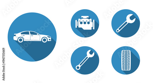 Automotive and Car Repair Icon Set with Car, Engine, Wrench, and Tire on an Isolated White Background
