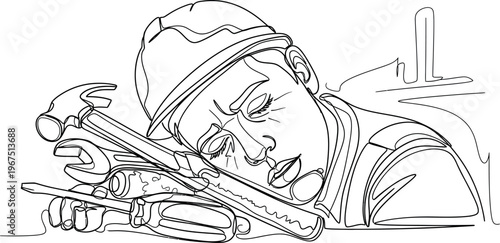 Tired construction worker wearing a safety hard hat rests his head on a stack of hand tools, depicting the exhaustion and demanding nature of physical labor and work.
