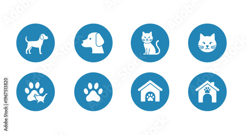 Comprehensive Set of Pet Care Icons, Including Various Dogs, Cats, Paw Prints, and Dog Houses Isolated on White Background.