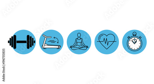 Fitness and Wellness Icons Set with Dumbbell, Treadmill, Yoga Pose, Heart Rate, and Stopwatch Isolated on White Background.