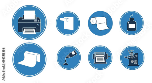 Office Stationery and Supplies Icons Featuring Paper Roll, Glue, Stapler, and Copier Isolated on White Background.