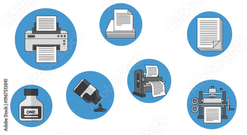 Office and Printing Services Icons with Printer, Documents, Paper, and Ink Bottle Isolated on White Background.