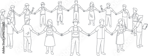 Diverse group of professional workers and skilled laborers form a unified circle, holding hands to symbolize teamwork, community, and collaborative support within a diverse workforce environment.