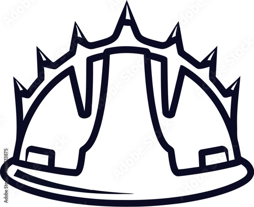 Minimalist black and white line art icon representing a construction hard hat stylized with sharp spiked crown elements for safety concept.