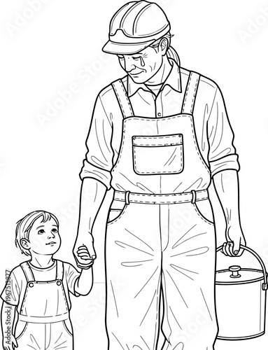 An emotional line art drawing depicts a construction worker wiping away a tear while holding the hand of a small child.