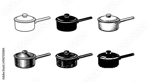 Kitchen saucepan with single long handle and round lid, created for simmering sauces and heating liquids