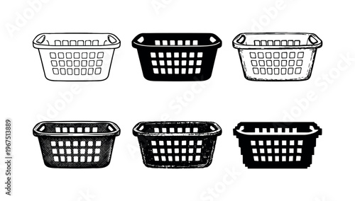 Plastic Basket Variations. Plastic laundry basket with open top and side handles, used to collect and carry dirty clothes for