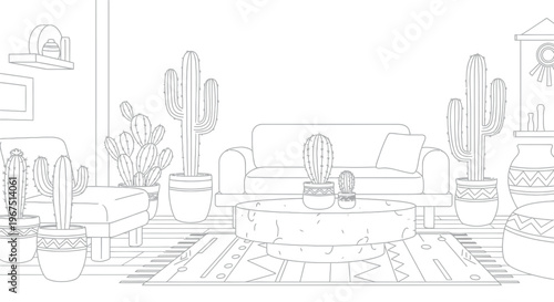 Detailed line art coloring page featuring a bohemian living room heavily decorated with various potted desert cacti plants and furniture.
