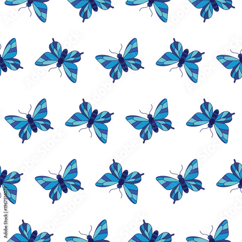 Blue butterflies on a white background create a simple repeating pattern commonly used in design projects and textiles for decoration