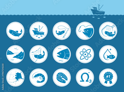 Salmon fish set icons. Perfect for food, pet food and products, omega 3 supplements. The outline icons are well scalable and editable. Contrasting elements are good for different backgrounds. EPS10.