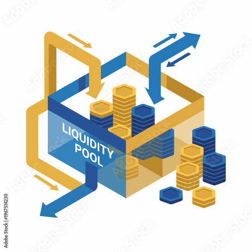 Dynamic visualization of a decentralized finance liquidity pool, illustrating digital asset inflow and outflow with cryptocurrency tokens for exchange and yield generation