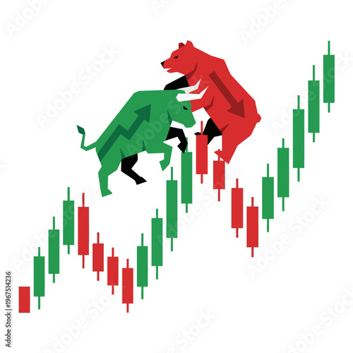 Dynamic illustration of a green bull and red bear battling on an upward-trending financial candlestick chart, symbolizing market volatility and investor sentiment