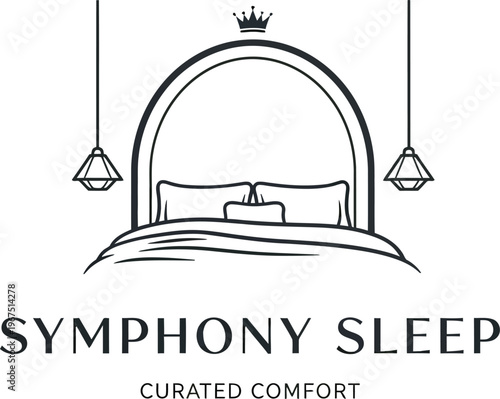 "Symphony Sleep" brand logo featuring a luxurious bed with a crown and elegant hanging lamps, embodying curated comfort for a premium bedding experience.