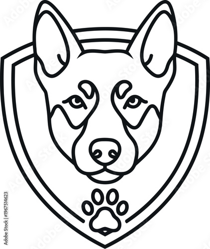 Minimalist black and white line art illustration showcasing a loyal dog's head enclosed within a protective shield emblem, featuring a paw print, ideal for pet care or security branding.