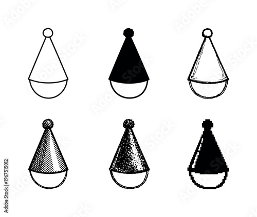 Cone shaped party hat with elastic chin strap and small pom pom on top, worn during birthdays and festive celebrations | Create