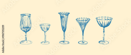 Collection of five elegant wine and cocktail glasses, red line art on pink background. Vintage style barware set illustration, hand-drawn glassware engraving. Minimal Hand Drawn Cocktail Vector 