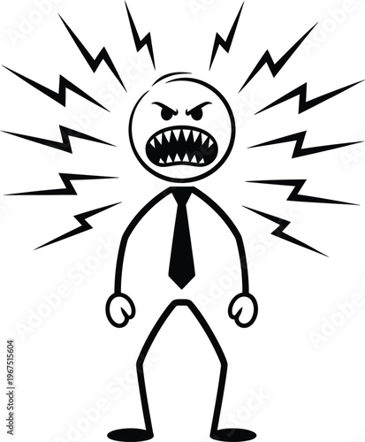 Angry businessman stick figure shouting with lightning bolts radiating from head
