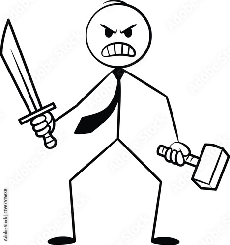Angry businessman holding a sword and a hammer