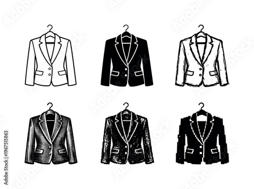 Tailored blazer hanging neatly from a wardrobe hanger, commonly worn for office meetings and formal occasions