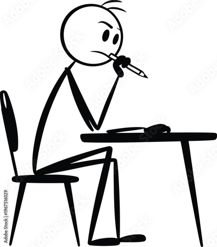 Stick figure student sitting at a desk thinking and holding a pencil