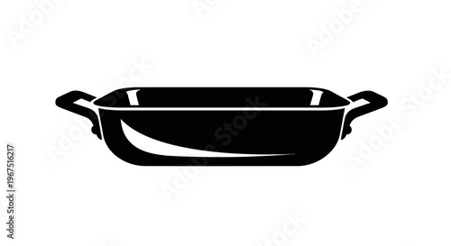 Simple black silhouette of a rectangular baking dish with two handles isolated on a clean white background representing kitchenware and cooking essentials for culinary content