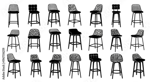 Collection of modern bar stools with various designs including wireframe backs and solid seats arranged in a grid for commercial use isolated on a white background showcasing