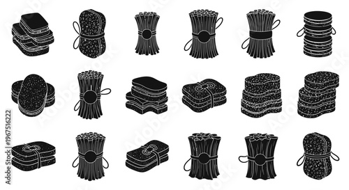Collection of hand drawn kitchen sponges and cleaning tools in black silhouette representing household chores hygiene and domesticity with a simple minimalist aesthetic on a white