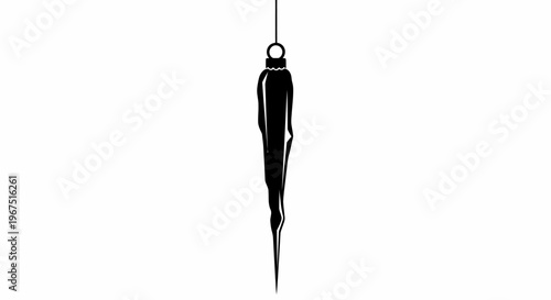 Single black silhouette of a long pointed icicle ornament hanging by a thin string against a stark white background symbolizing winter and festive holiday decor preparation