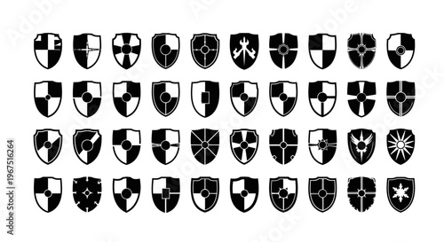 Collection of diverse shield icons representing protection security and heraldry in a clean vector graphic style with clear outlines on a white background