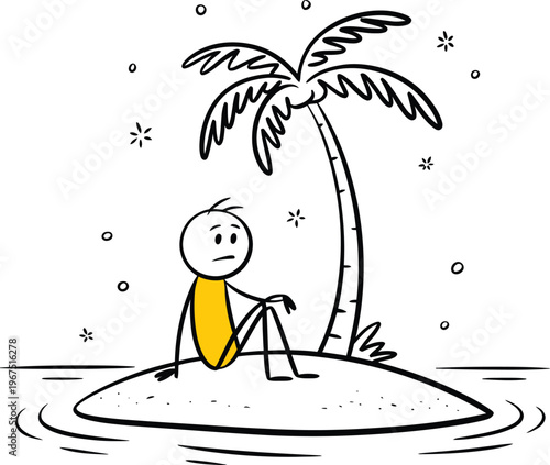 Cartoon stickman sitting alone on a small desert island with a palm tree