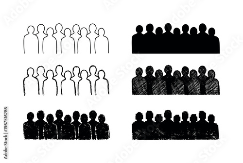 Group of people silhouettes standing side by side with varied heights and shoulder outlines, representing community team or