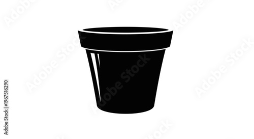 Simple black silhouette of a classic terracotta flower pot with a rim isolated on a clean white background representing gardening planting and home decor concepts