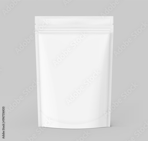 Realistic stand up pouch bag mockup with transparent shadow. Vector illustration isolated on grey background. Ready for your design. EPS10.