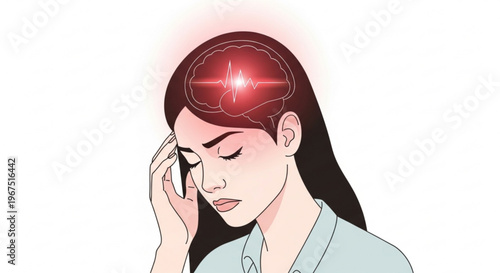 A vector graphic illustration of a woman experiencing a headache with a red glowing brain