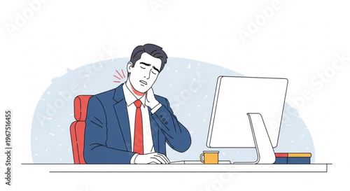 A stressed businessman sitting at his desk in front of a computer with a painful expression