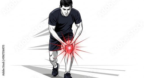 A man experiencing knee pain while exercising in a black t-shirt and shorts