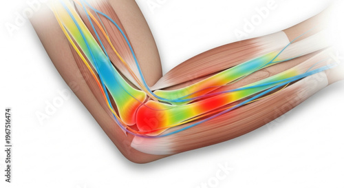 A medical illustration of a human elbow joint with highlighted pain areas in red and heat map colors