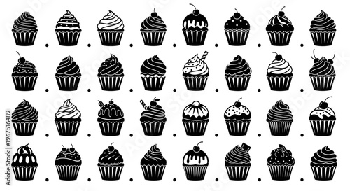 Collection of diverse illustrated cupcakes and muffins each uniquely decorated with frosting swirls cherries and sprinkles arranged in a grid pattern against a clean white