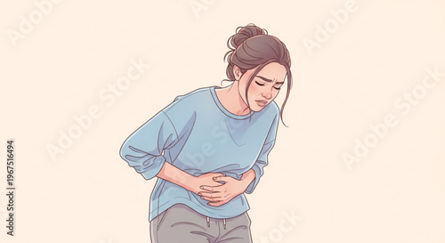 A woman clutching her stomach in discomfort, illustrating a common health issue.