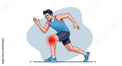 A man running with a highlighted knee injury in a vector graphic illustration