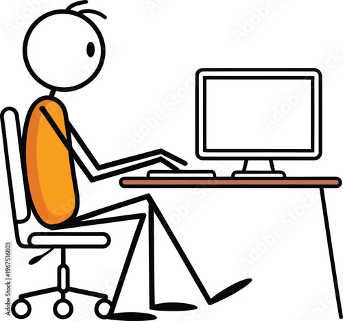 Stick figure sitting at a desk working on a computer