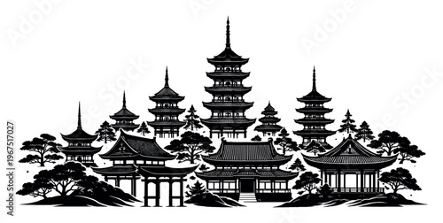 Traditional Japanese religious architecture with pagodas, temples, and shrines against a mountain background, symbolizing culture and serenity