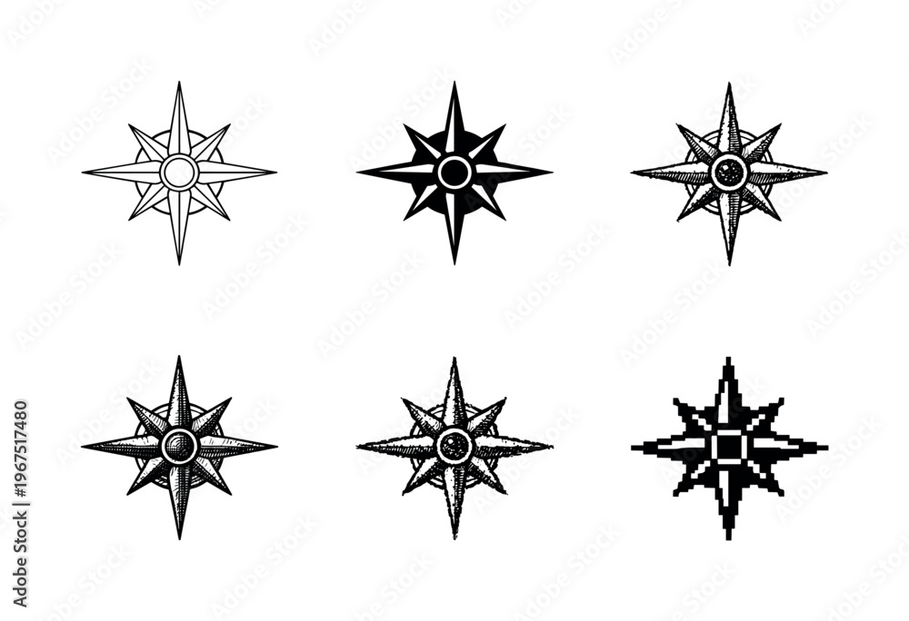 Obraz premium Detailed compass rose symbol with layered pointed rays and circular center hub, representing geographic direction finding |