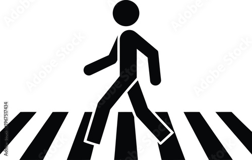 Pedestrian crossing sign icon, walking person symbol on crosswalk stripes