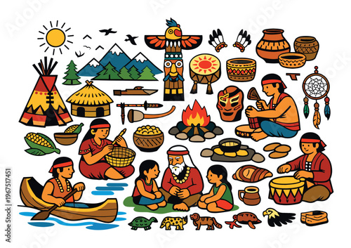 Indigenous people engaged in daily life activities, surrounded by tribal elements and traditional housing, crafts, and nature icons