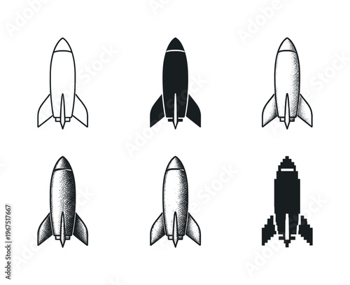 Rocket Variants Display. Minimal launch rocket with tall cylindrical body and triangular fins at the base, symbolizing startup
