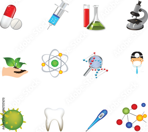 Set of medical and scientific featuring capsules syringe test tubes microscope d n a strand doctor plant in hand virus tooth thermometer and molecular structure