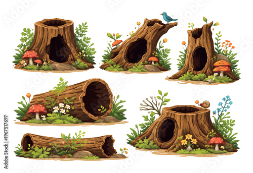 Assortment of cartoon forest elements including vacant logs and tree stumps that act as homes for animals and plants